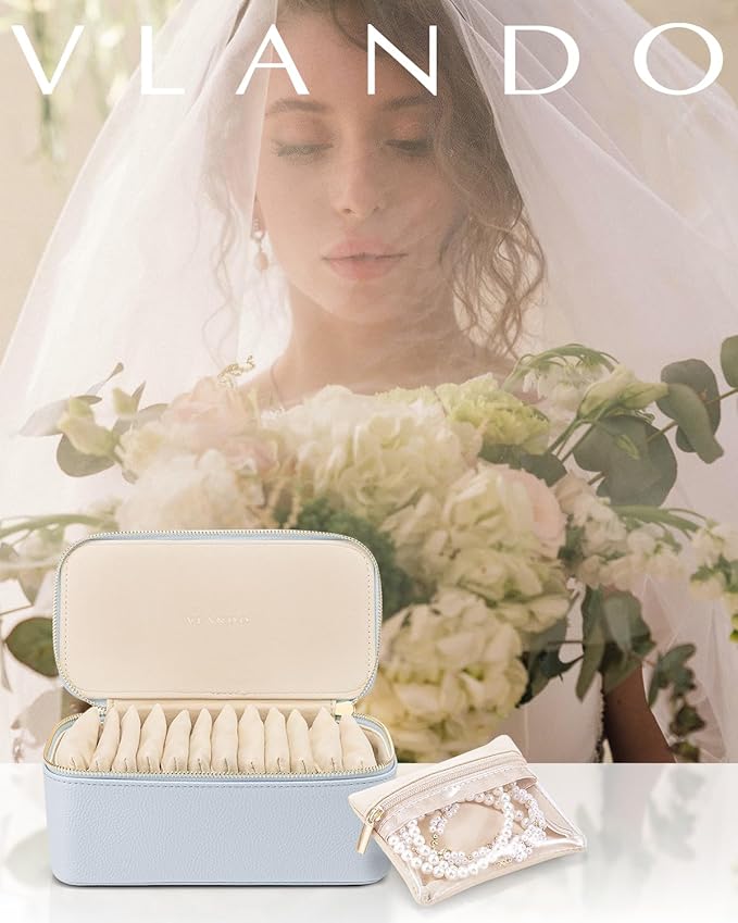 Vlando Travel Jewelry Case Organizer,Small Jewelry Box with 12 Velvet Jewelry Storage Pockets,Christmas Gift Ideas for Bride Friends Women Girls-Baby Blue