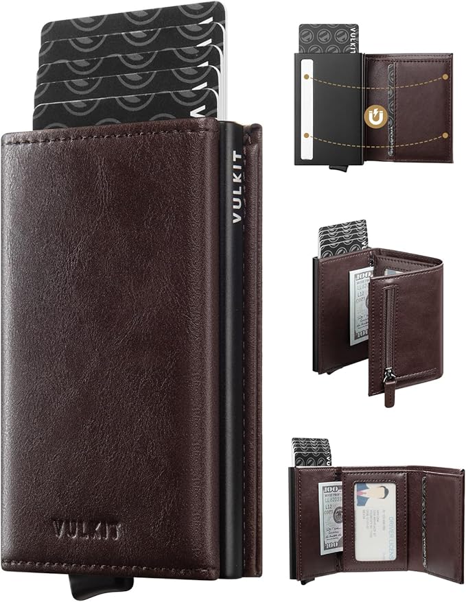VULKIT Pop up Wallet Minimalist Cash Wallets RFID Blocking Leather Smart Credit Card Holder with Magnetic Closure for Men