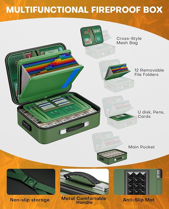 Fireproof Document Box, Hard Case Fireproof Document Organizer with Lock, Water Resistant Safe Box for Important Documents Certificates Laptop Passports, Green