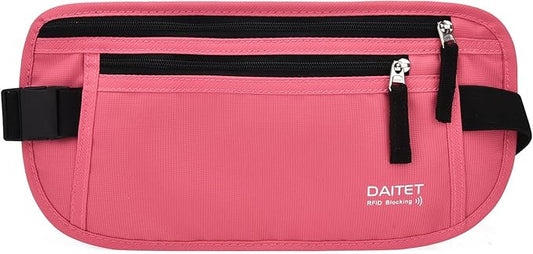 RFID Blocking Money Belt for Men Women, Slim Fanny Pack for Travel，Running,Conceal Waist Wallet for Passport Holder,Phone,Cash(Hot Pink)