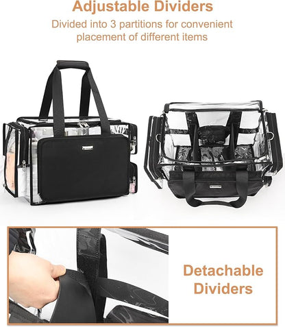 Relavel Extra Large Makeup Case and Clear Makeup Bag, Professional Cosmetic Storage Organizer Box Brush Holder with 4 Clear Set Bags & Lipstick Plate for Makeup Artists with Adjustable Dividers, Black