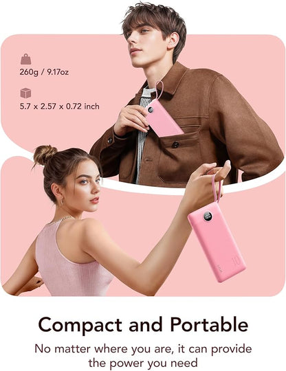 VRURC Portable Phone Charger, Travel Portable Charger with 4 Cables, 5 Outputs 2 Inputs Slim USB C Power Bank, Built-in Cables Cords for iPhone 17 16 15 14 13,Samsung,Android-Barbie Pink(1 Pack)