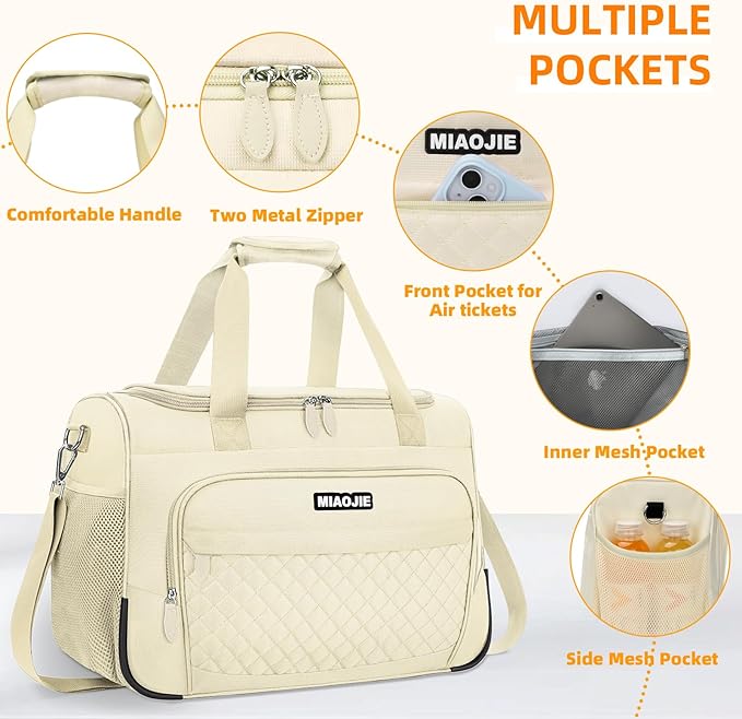 Travel Duffle Bag for Women, Underseat Carry On luggage Bag Foldable Overnight Weekender Hospital Bag Lightweight Airplanes Personal Item Travel Tote Bag for Women Birthday Gifts, 16IN Beige