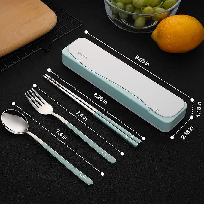 DEVICO Travel Utensils, 18/8 Stainless Steel 4pcs Cutlery Set Portable Camp Reusable Flatware Silverware, Include Fork Spoon Chopsticks with Case (Light Green)