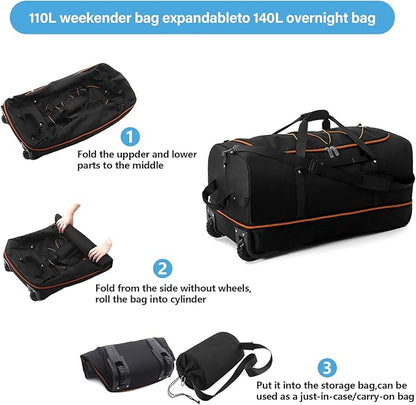 Vomgomfom Wheeled Collapsible Duffel Bag,110L-140L Expandable Checked Luggage, No-Telescopic-Handle with Anti-Burst Zipper & Reinforced Frame,Black-orange