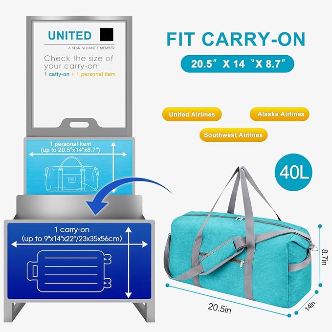 Felipe Varela Carry on luaggage Airlines Approved, Foldable Carry on Bag Travel Duffel Bags Overnight weekender Gym Duffle Carry Bag with Wet Pocket & Shoe Compartment for Women Men (MintGreen, 40L)