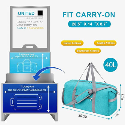 Felipe Varela Carry on luaggage Airlines Approved, Foldable Carry on Bag Travel Duffel Bags Overnight weekender Gym Duffle Carry Bag with Wet Pocket & Shoe Compartment for Women Men (MintGreen, 40L)