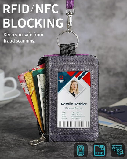 Minimalist Wallet For Mens Womens, Keychain RFID Blocking Zipper Small Wallet with ID Window 2 Lanyards,Water Resistant Travel Cash Card Coin Case Boys Girls