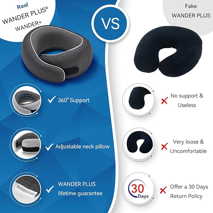 WANDER PLUS® Travel Neck Pillow, Pure Memory Foam Neck Pillow for Airplanes, Comfortable Breathable Cover, 360 Degree Support Ergonomic Design Best for Sleeping Plane Train Travel Essentials Max Black