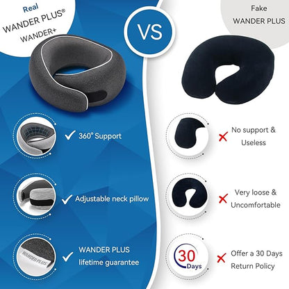 WANDER PLUS® Travel Neck Pillow, Pure Memory Foam Neck Pillow for Airplanes, Comfortable Breathable Cover, 360 Degree Support Ergonomic Design Best for Sleeping Plane Train Travel Essentials Max Black
