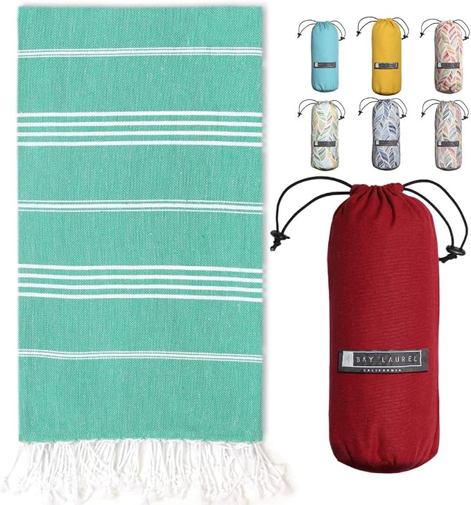 BAY LAUREL Turkish Beach Towel with Travel Bag 39 x 71 Quick Dry Sand Free Lightweight Large Oversized Towels Light
