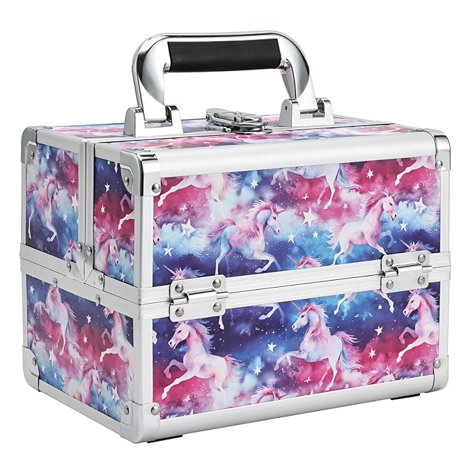 Joligrace Unicorn Makeup Case Oragnizer Portable Travel Makeup Train case 2 Trays Cosmetic Storage with Mirror Locking for Sewing Craft Cosmetologist Artist Supplies Nail Tech Kits Case Pink Blue
