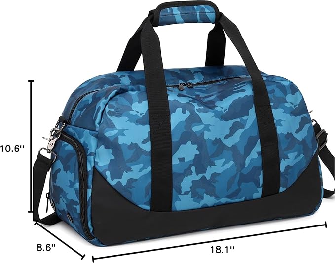 Boys Overnight Duffel Bags Sport Gym Bag Gymnastics Bag with Shoe Compartment, Carry-on Size Weekender Sleepovers Travel Duffel Bag for Boys (Blue Camo)