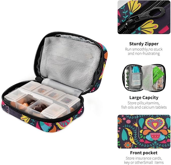 Travel Pill Organizer Weekly Small Cute Pill Box 7 Day Pill Case Vitamin Holder Pill Bottle Organizer (Black Floral Heart)