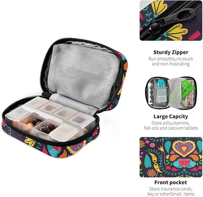 Travel Pill Organizer Weekly Small Cute Pill Box 7 Day Pill Case Vitamin Holder Pill Bottle Organizer (Black Floral Heart)