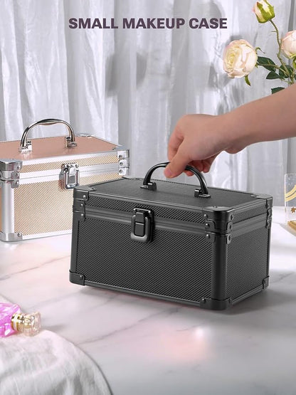 Qislee Makeup Box Mini with A Detachable Lighted Mirror, Waterproof Small Makeup Case,Cosmetic Organizer and Travel Train Case with Magnetic LED Mirror(Black)