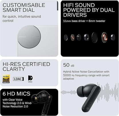 CMF Buds Pro 2 Wireless Earbuds with Smart Dial, 50dB Hybrid Noise Cancelling Earbuds Wireless Bluetooth 5.3, 11mm Bass with LDAC, 6 Hi-Res Audio Mics, 43H Playtime, Fast Charging Case, Light Grey
