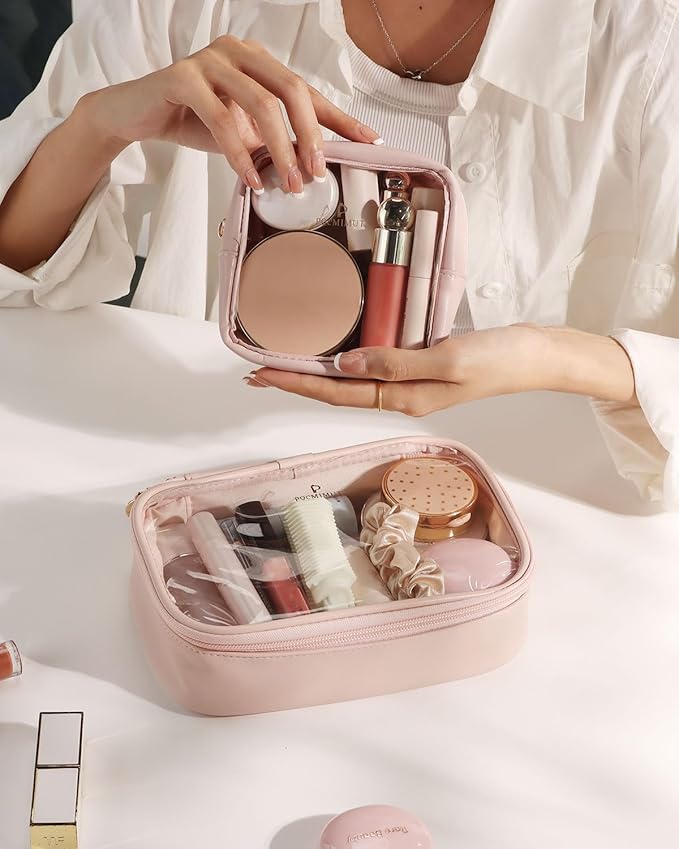 Pocmimut Mini Makeup Bag with Small Cosmetic Bag Travel Essentials Organizers,TSA Approved Toiletry Bag Makeup Pouch Clear Cosmetic Bags for Women,Pink