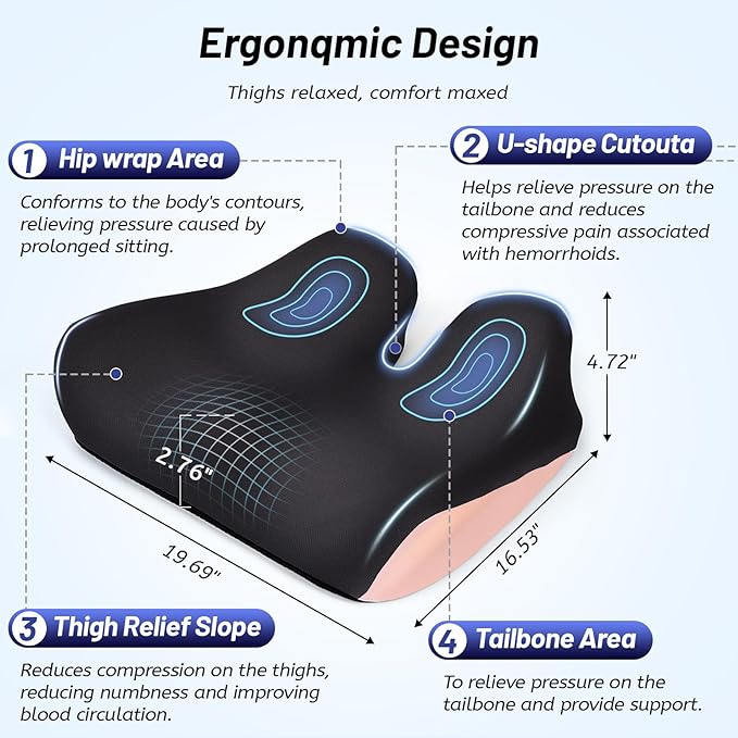 Ergonomic Seat Cushion for Office Chair, Extra Large Car Seat Cushion, Memory Foam Chair Cushion for Tailbone Pain Relief & Pressure Relief Sciatica and Back Support for Long Sitting (Pink)