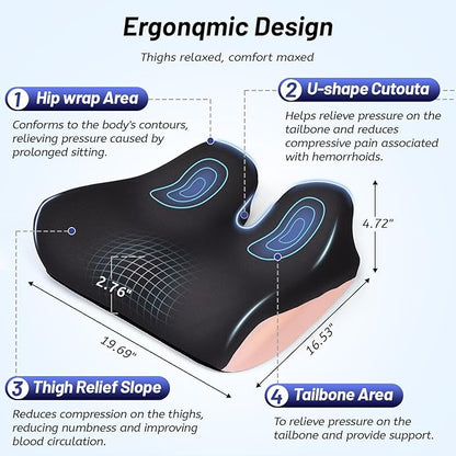 Ergonomic Seat Cushion for Office Chair, Extra Large Car Seat Cushion, Memory Foam Chair Cushion for Tailbone Pain Relief & Pressure Relief Sciatica and Back Support for Long Sitting (Pink)