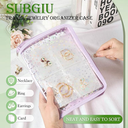 Jewelry Organizer Case Travel Clear Earring Organizer Case Transparent Jewelry Storage Book with Clear Zippered Jewelry Pouch (Purple, With 80 Pcs small Jewelry Pouches)