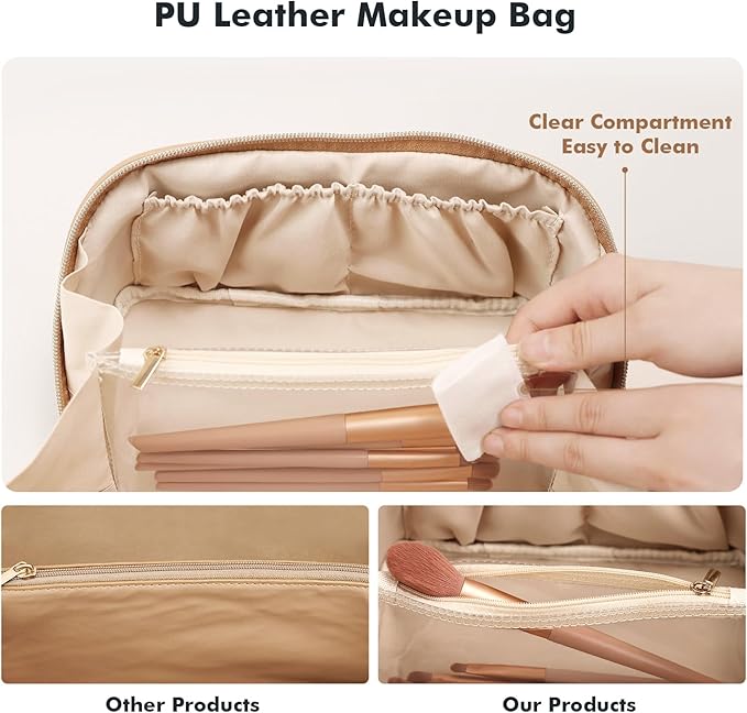Prite Makeup Bag for Women Travel Waterproof Vegan Leather Cosmetic Bag Open Flat Toiletry Bag With Clear Divider and Handle (Beige)