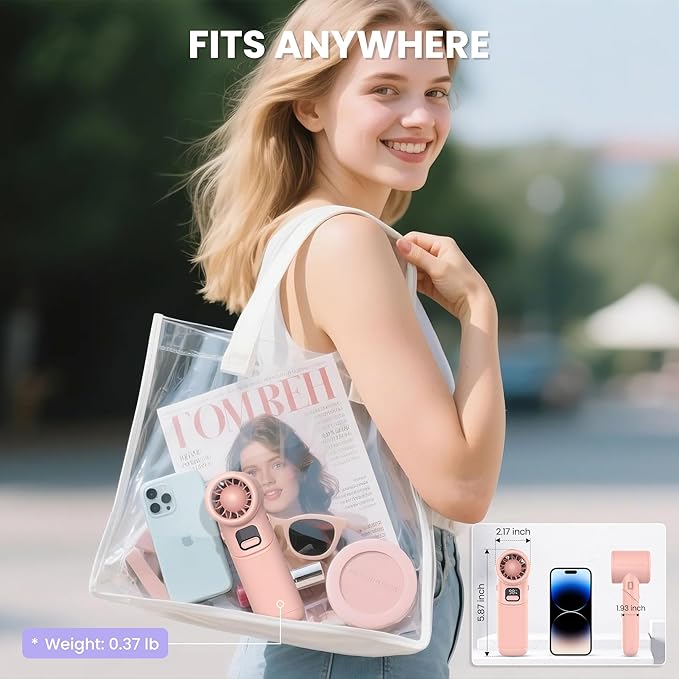 Portable Handheld Fan - 5000mAh Rechargeable Battery, 19Hrs Cooling Max, 5 Speed, 11000RPM High Power Motor, 3-IN-1 Personal Mini Fan with Neck Strap for Women Men Travel/Camping/Outdoor - Pink