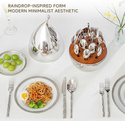 KINGSTONE Silverware Set with Waterdrop Storage Organizer, Luxury 20 Piece Flatware Set for 4, 18/10 Stainless Steel Cutlery Set with Diamond Cut Pattern Ideal for Kitchen,Party and Gift