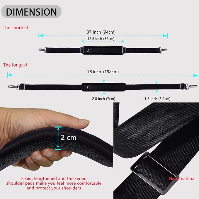 ZINZ Shoulder Strap 78" Universal Bag Strap with Ultra-thick Fixed Padded and Dual Balanced Adjustable Buckles for Briefcase, Travel Bag, Laptop Bag, Crossbody bag - Black