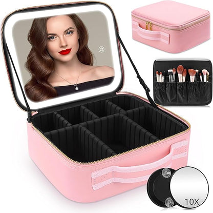 Makeup Bag with Mirror of LED Lighted, Travel Makeup Train Case Cosmetic Bag Organizer with Mirror and Lights, Make up Bag with Light up Mirror Adjustable Divider Brush Board