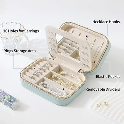 Genuine Leather Travel Jewelry Organizer Case with Mirror for Women, Small Mini Portable Jewelry Box for Ring Earrings Necklace Bracelet Luxury Gift for Women（Beige）