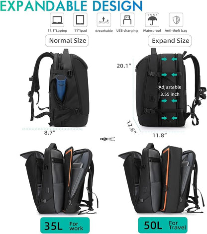 50L Carry on Travel Backpack, Expandable Airline Approved Backpacks with 3 Packing Cubes Fit 17.3 inch Laptop Suitcase backpack for Men Women(Black)