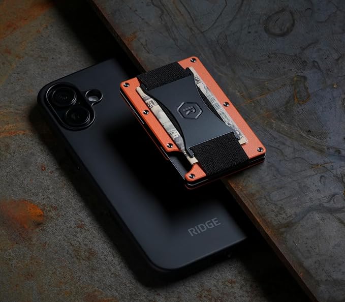 Ridge Wallets for Men Compatible with Magsafe - Slim Minimalist Compact Wallet and Card Holder, RFID Protected Front Pocket Wallets for Men with Integrated Cash Strap (Basecamp Orange)