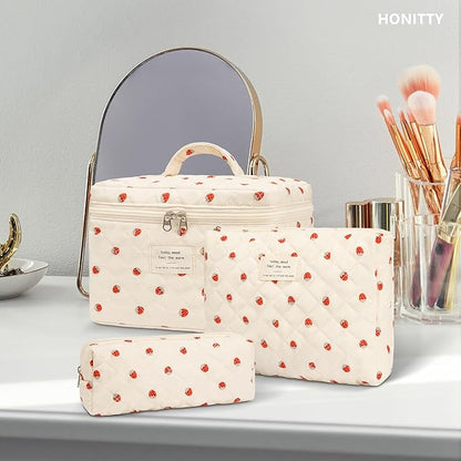 Makeup Bag,Quilted Cosmetic Bags,Large Floral Make Up Organize bag,Makeup Bag Set for Women,Flower Travel Toiletry Bag