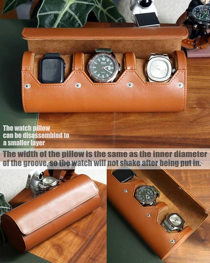 Leather Watch Case - Variable Size Watch Pillow Design, Organizer Box with Faux Suede Lining for Men & Women, Brown, 3 Slot Design
