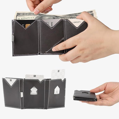 Men's Wallet, Genuine Leather RFID Blocking Slim Money Clip Wallet Minimalist Front Pocket Tri-Fold Money Clip Credit Card Holder with Present Box Black Brown