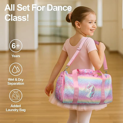 Bagseri Dance Bag for Girls - Ballet Tote with Shoes Compartment, Kids Duffle Bag for Overnight Travel with Dry Wet Separation Pockets（Glitter Unicorn, Pink）