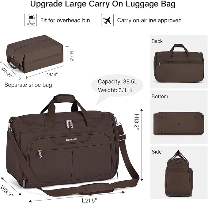 Hanke Carry On luggage Bags for Travel, Large Foldable Duffle Bag for Travel, Softside Lightweight Travel Bag Carry On Bags for Airplanes Women, Travel Tote Bags for Women Men.（Coffee）