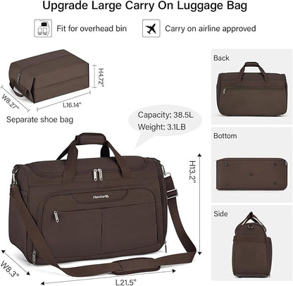 Hanke Carry On luggage Bags for Travel, Large Foldable Duffle Bag for Travel, Softside Lightweight Travel Bag Carry On Bags for Airplanes Women, Travel Tote Bags for Women Men.（Coffee）