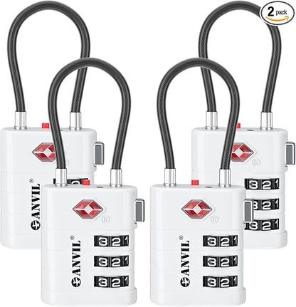 ANVIL TSA Approved Luggage Locks – High Security TSA008 Combination Travel Locks with Inspection Indicator for Suitcases and Backpacks. (4, White)