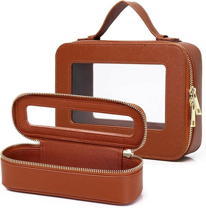 Pinkmik Travel Clear Makeup Bag with Brush Bag Portable Cosmetic Bag Case Transparent Toiletry Bag Cosmetic Organizer Storage Bag for Women (X/Brown, L+SLIM)