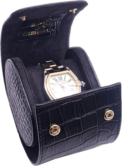 Genuine Napa Leather Watch Roll Travel Case for 3 Watches - Travel Watch Rolls and Leather Watch Display Cases with Velvet Interior - Watch Storage Organizer Men's (Blac - Single)