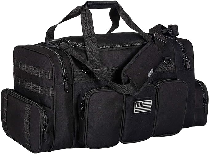 K-Cliffs Heavy Duty Tactical Range Duffel Quality Gear Travel Sports Gym Equipment Bag Military Molle Lockable Zippers with US Flag Patch 27 Inch Black