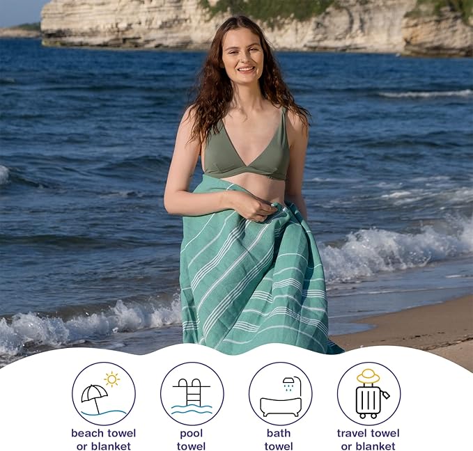 Turkish Beach Towels, Bulk Case of 12 | Oversized, Quick Dry, Sand Free | 100% Cotton, Large 38x71 Towels for Beach, Pool, Travel | Ultra-Soft, Compact, Absorbent | Green