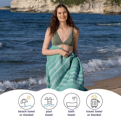 Turkish Beach Towels, Pack of 2 | Oversized, Quick Dry, Sand Free | 100% Cotton, Large 38x71 Towels for Beach, Pool, Travel | Ultra-Soft, Compact, and Absorbent | Green