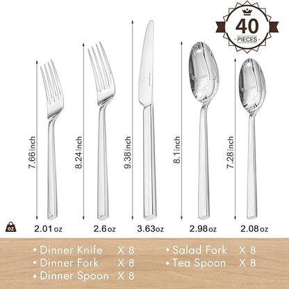 KINGSTONE Silverware Set, 40-Piece Flatware Cutlery Set Premium Stainless Steel, Service for 8, for Kitchen, Home, Wedding, Party, Mirror Polished and Dishwasher Safe