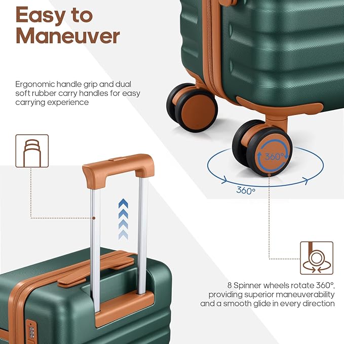 UKEIN Luggage Sets 3 Piece, PC Hardside Large Luggage 24 Inch With Spinner Wheels with TSA Lock, Carry On Suitcase Set With Travel Backpack for Men (Green, 3 piece set (24inch))