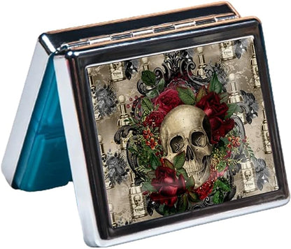 7 Days Chromed Shiny Silver Pill Organizer with Mirror Inside Has 8 Separate Compartments Rectangle Cute Travel Pill Organizer for Purse 7 Days (Flower Skull)