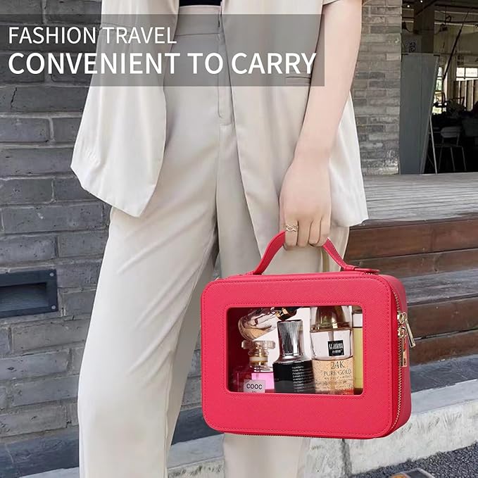 Pinkmik Travel Clear Makeup Bag with Brush Bag Portable Cosmetic Bag Case Transparent Toiletry Bag Cosmetic Organizer Storage Bag for Wome (X/Fuxia, L+SLIM)