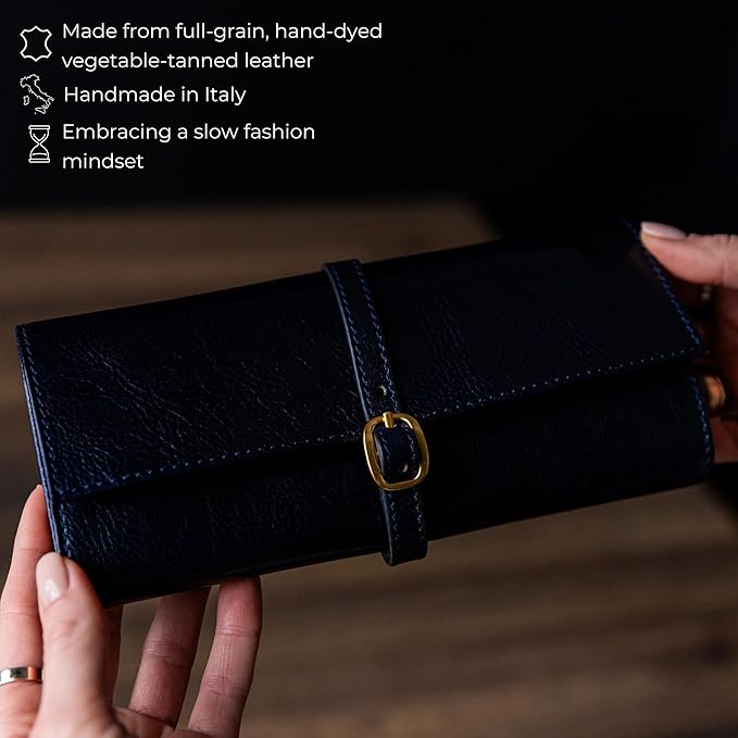 Time Resistance Leather Jewelry Roll - Full Grain Leather Travel Jewelry Case - Jewellery Organizer Made in Italy (Blue)